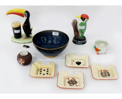 A QUANTITY OF VARIOUS CARLTON WARE AND OTHER CERAMICS to include Bulmers Cider advertising woodpecker, a blue bowl, a match s