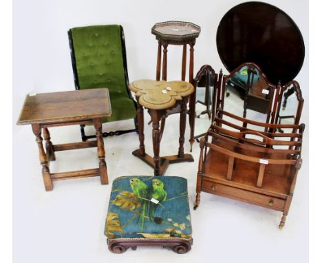 A GROUP OF OCCASIONAL FURNITURE to include a reproduction Canterbury, an ebonised low chair, an oak joint stool, a tilt top t