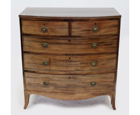 A 19TH CENTURY MAHOGANY BOW FRONTED CHEST OF TWO SHORT AND THREE LONG DRAWERS with splayed bracket feet, 99cm wide x 51cm dee