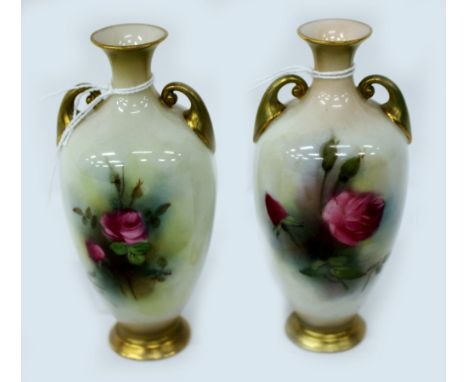 A PAIR OF EARLY 20TH CENTURY ROYAL WORCESTER VASES of baluster form, hand painted with roses, each with puce stamped marks be