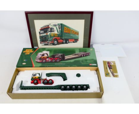 Corgi - Eddie Stobart - A boxed limited edition Scania Low Loader # CC12203 and a hand stitched picture. The model appears Mi