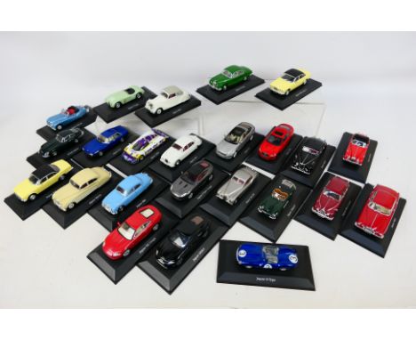 Atlas Editions - 24 unboxed 1/43 scale Jaguar Model Cars, all still on their plinths. Includes Jaguars XJ, S-Type, Mk2 (1960)