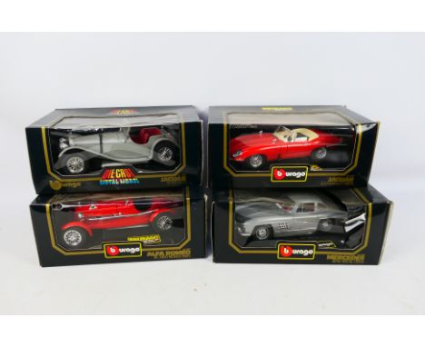 Bburago - Four boxed diecast 1:18 scale model cars from Bburago. Lot consists of #3013 Mercedes 300SL (1954); #3016 Jaguar E 