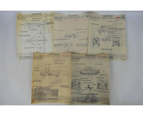 Meccano - Dinky Toys - Five A4 size Meccano factory facsimile drawings. The drawings approximately include Avro Vulcan Delta 