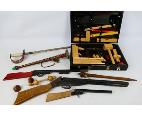 Remanco - Marx - Acme - Others - An assortment of unboxed vintage toy weapons to include a metal sword with holder, a double 