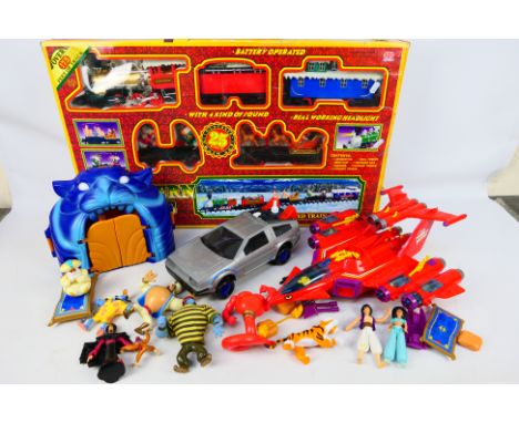 Bluebird - Mattel - A group of unboxed toys including a Back To The Future DeLorean, a Manta Force Red Venom, Disney Aladdin 