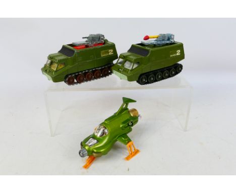 Dinky - 3 x unboxed vehicles from the UFO TV series to include 2 x Shado 2s. One with orange underside of roof, lemon yellow 