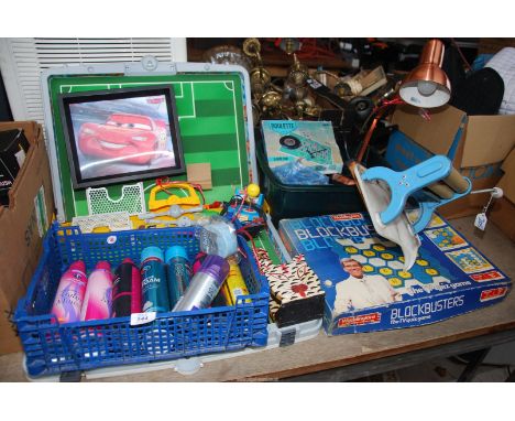 Block Buster game, table top football game, an angle poise lamp, etc.