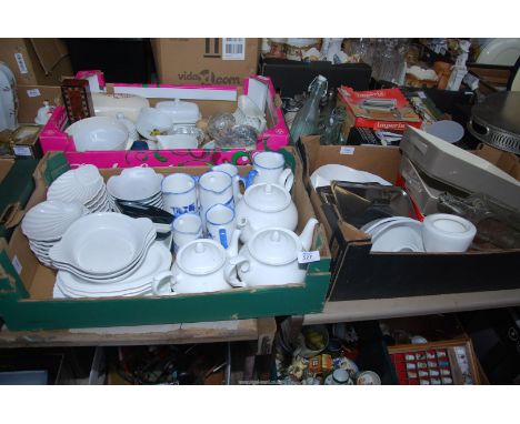 Four boxes of mixed china, glass and cookware.