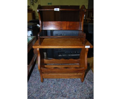 A small shelf unit and a magazine rack.