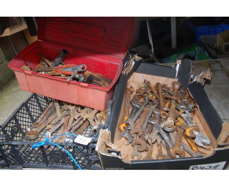 Two boxes of mixed tools, open ended spanners, etc, and a plastic tool box. 
