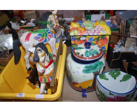 A pair of colourful fairground style horse figures, a colourful china water vessel, wall hanging planter, etc.   (N.B. horse 