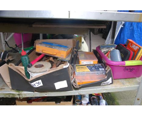 Three boxes of tools, wall plugs, cable, chainsaw pieces, etc.