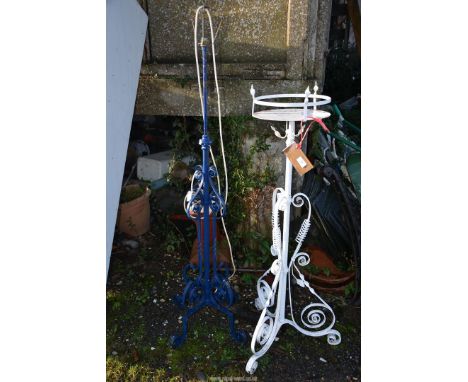 A white painted metal plant stand and an ornate metal standard lamp (as found).