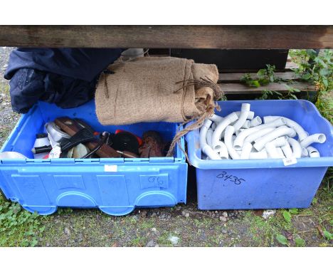 A box of fittings, tools, Hessian, etc.