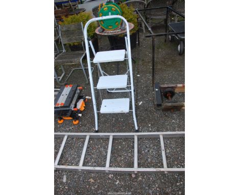 A step ladder and an aluminium nine rung ladder.