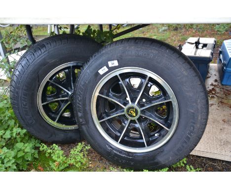 A pair of Dunlop caravan alloy wheels with Michelin tyres, 165/80 R13.