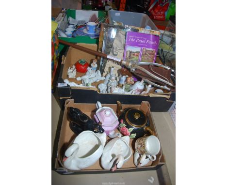 Two boxes containing china, ornaments, Royal Family books, a shooting stick, etc.