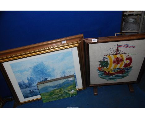 A tapestry fire screen and four prints.