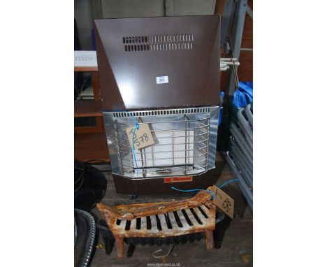 A portable three bar gas heater and an open grate fire basket.