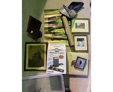 Box of miscellaneous incl. Summit Digital Slide Copier, commemorative gold coronation newspaper, framed prints light up mirro