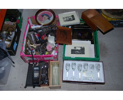 A box of mixed cutlery, old phone, joy stick, place mats, lacquered trays, set of champagne flutes, etc.  