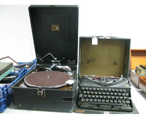 HMV Portable Gramophone, with winder, in black leatherette covering; Imperial Typewriter. (2)