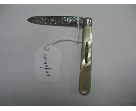 A Hallmarked Silver and Mother of Pearl Single Blade Folding Fruit Knife, with decorative blade, the scales inset "A.M. Ellis
