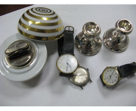 A Pair of Small Hallmarked Silver Candlesticks, (filled) together with a spherical lighter with ashtray lid, gents wristwatch
