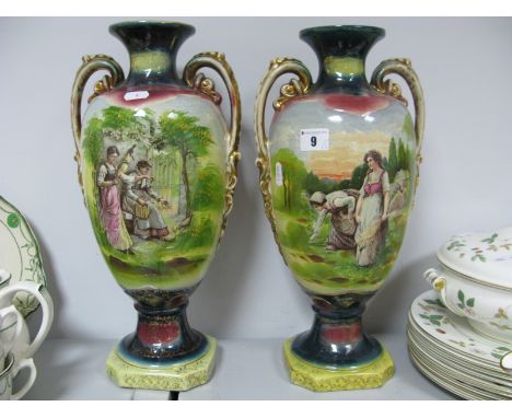 A Pair of Victorian Royal Crown 'England' Pottery Mantel Vases, featuring Rose and Arabic scenes, 40.5cm, high.