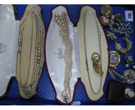 Assorted Costume Brooches, floral panel pendant, imitation pearls etc:- One Tray