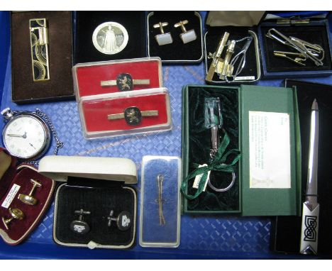 Wedgwood Jasperware Black and White Gent's Cufflinks, further cufflinks, tie clips, key rings, letter opener, Colibri lighter