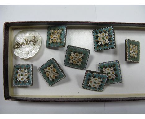 A Set of Seven Micromosaic Square Panel Buttons, detailed with flowerheads, with further matching panel and a "Baby" brooch.
