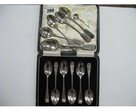 A Set Of Six Hallmarked Silver Coffee Spoons, London 1916, cased; four Fiddle pattern hallmarked silver coffee spoons, London