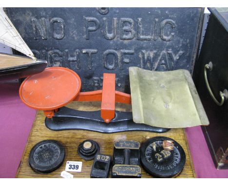 A cast Iron 'No Public Right of Way' B.T.W wall sign, scales and weights.