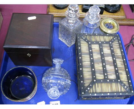 A Porcupine Quill Box, a XIX Century Mahogany caddy, Doulton butter dish, glass scent bottles etc:- One Tray