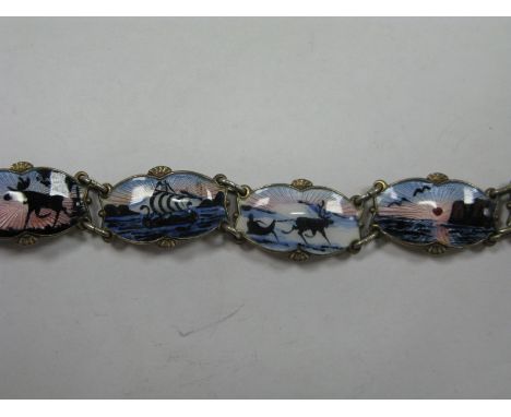 Ivar Holt: A Norwegian Enamel Bracelet, highlighted in pink, blue and black, detailed with reindeer, Viking ships etc, to sna
