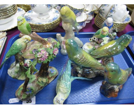 Radnor, J.T. Jones (damaged), Adderley, K.S.P and other ceramic budgie figures.