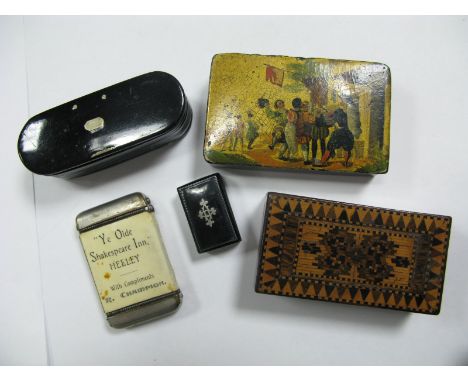 A XIX Century Tunbridge Ware Box, a XIX Century lacquer box with a painted scene on the lid, early XX Century vesta case with