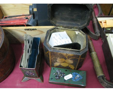 A  XX Century Cloisonne Enamel Box, with playing card symbols, on swept feet, together with early XX Century tea caddy (with 