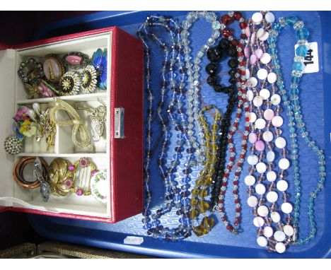 Vintage Bead Necklaces, and assorted costume brooches, jewellery box:- One Tray