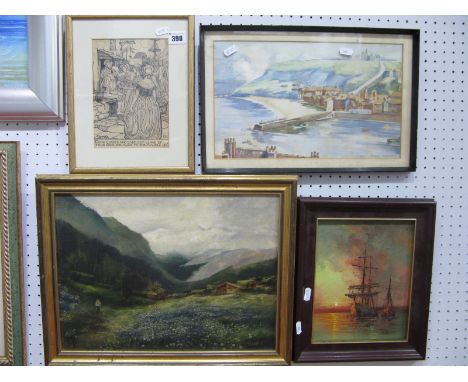 Peter Ranson, Whitby Harbour watercolour signed and dated 1965 21 x 35cm. R. Jewell, Mountain landscape, oil on panel. L Alex