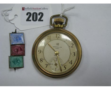 An Enamel Brooch, comprising three miniature Egypt Pyramid Stamps (lacking pin); together with an Ingersoll Triumph openface 