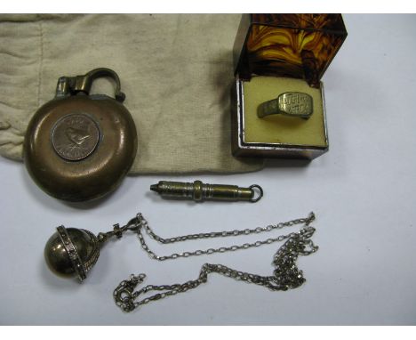 A Hallmarked Silver Orb Pendant, on a chain, a lighter set with a 1940 farthing and a trench art ring "Algiers Africa"