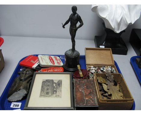 A Bronzed Spelter Figure of a Young Man, carved mineral tribal figure, embossed brass match box depicting hunting dogs, fishi
