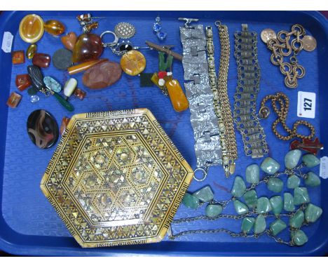 Polished Hardstone and Other Panels, Brutalist style panel bracelet, filigree bracelet, brooch, inlaid trinket box etc:- One 