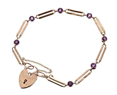 9ct two bar gate bracelet set with seven amethyst, with safety chain and padlock clasp, 5.3gms 