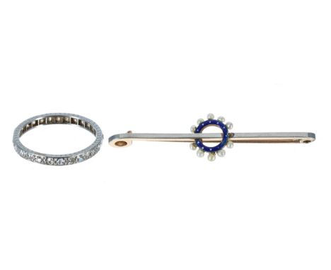 White metal diamond set full eternity ring, 2mm, 2.5gm, ring size R; together with a 15ct bicolour enamel and pearl bar brooc