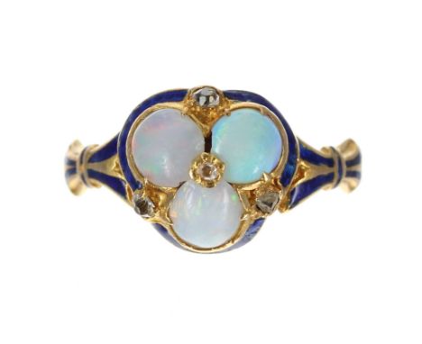 Attractive yellow gold blue enamel, opal and diamond mourning ring, the glass back with a display of hair, 2.3gm, ring size I