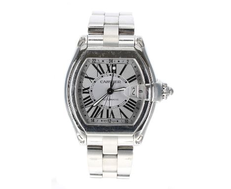 Cartier Roadster GMT XL automatic stainless steel gentleman's wristwatch, reference no. 2722, serial no. 74723xxx, silvered d